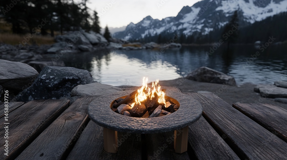 Aufkleber a mesmerizing fire pit glows warmly on a rustic wooden dock, overlooking a serene lake nestled amids