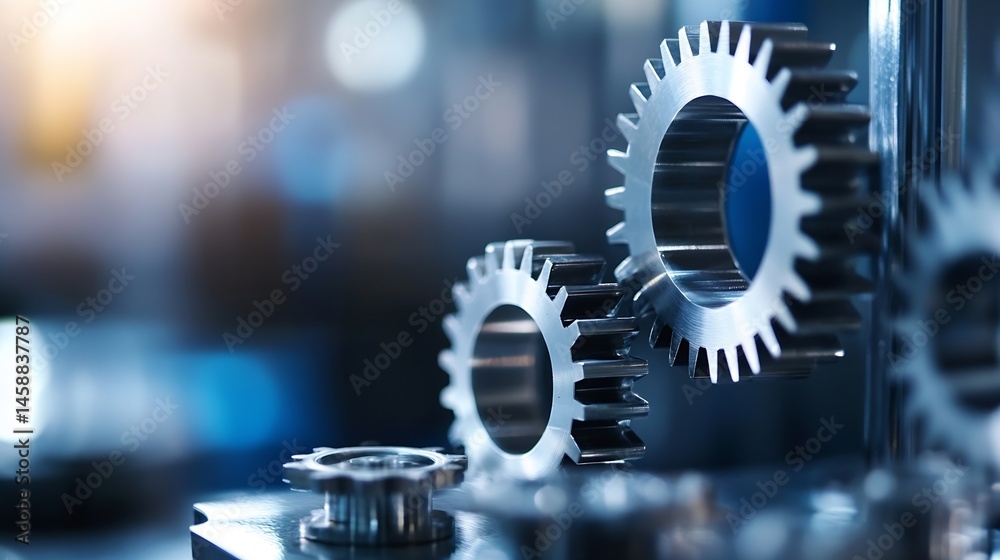 Poster Close-up view of metallic gears intermeshing, showcasing intricate details and precision engineering.  The image evokes themes of industry, technology, and complex machinery. : Generative AI