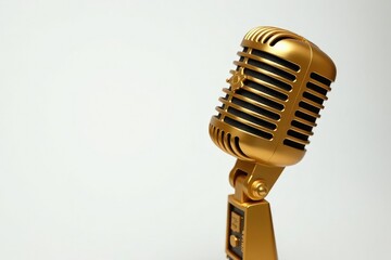 Fototapeta premium Close-up of a gold microphone on white background, abstract, simple