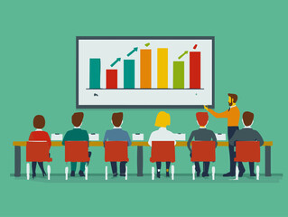  full-shot of a a person conducting a training session standing in front of a projector screen,