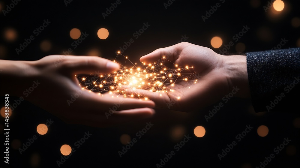 Aufkleber Two hands gently cradling a luminous network of interconnected golden lights, set against a dark background with bokeh effects, suggesting connection and shared energy. : Generative AI