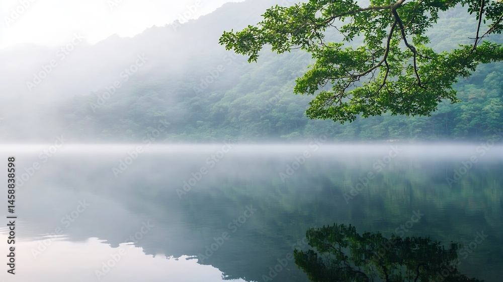 Aufkleber serene morning mist over a tranquil lake, reflecting lush green hills and overhanging tree branches,