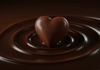 Heart shaped chocolate candy on top of liquid chocolate with ripple effect
