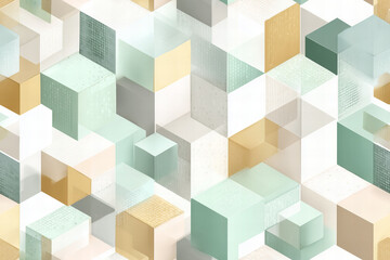 Fototapeta premium Isometric Square Blocks Arrangement in Muted Mint Sand and White Colors Creating a Modern Geometric Pattern