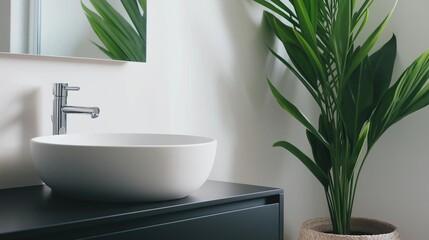 Fototapeta premium Modern bathroom sink with a white vessel sink and a silver faucet. the sink is placed on a black countertop against a white wall with a large mirror above it.