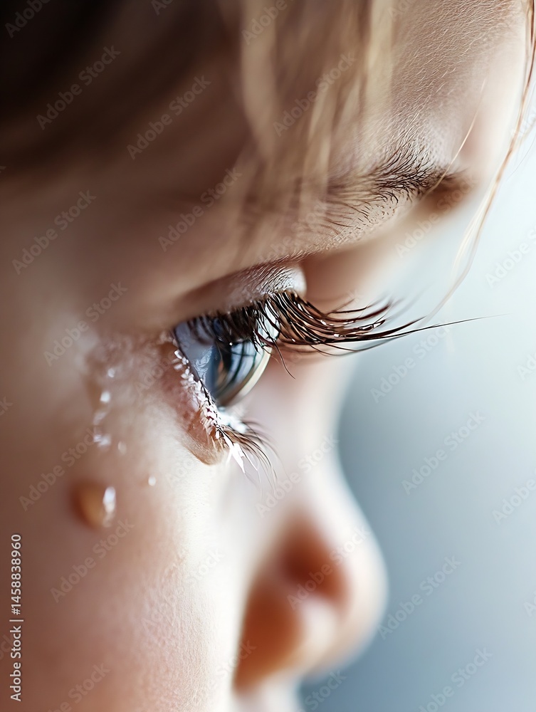 Poster close-up of a child's eye with a single tear rolling down their cheek, showcasing delicate eyelashes