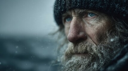 Hyper-realistic closeup of an elderly man wearing a black toque, standing at the railing of a lighthouse, overlooking a stormy sky and ocean, with crisp details and cinematic photorealism.