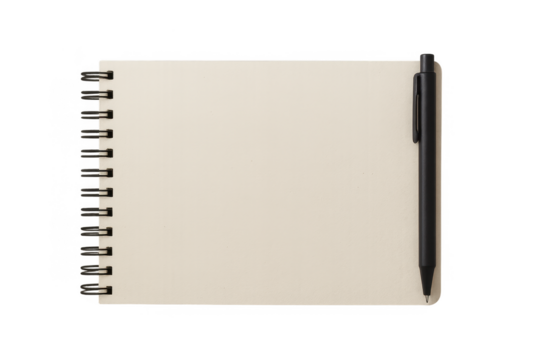 Blank Spiral Notebook with Black Pen on White Background