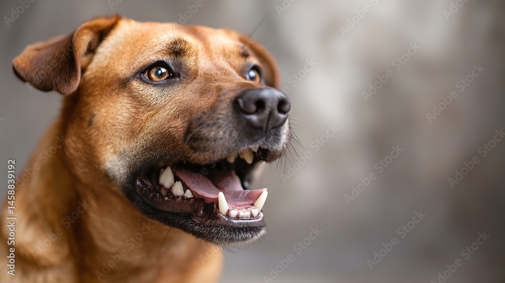 Poster close-up portrait of a happy, brown dog with its mouth open, showing healthy teeth and a playful exp