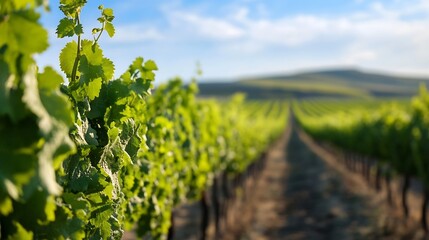 Naklejka premium Close-up view of vibrant green grape leaves in a sunlit vineyard, rows of vines stretching towards a distant hillside under a bright blue sky. : Generative AI