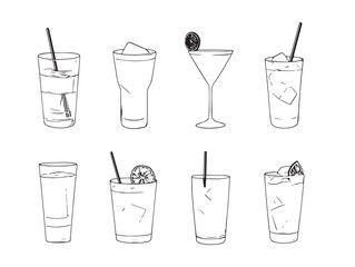 Drink line art illustration of various beverages and glasses