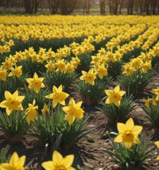 Obraz premium Sunlit daffodil field, vibrant yellow blooms in spring , sunny, plants, flowers