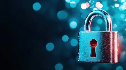 A shiny metal padlock is centered against a vibrant bokeh backdrop, symbolizing security and protection, ideal for conveying trust and safety themes.