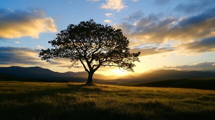 Obraz premium Silhouette of a solitary oak tree standing in a vast grassy field at sunset, with a majestic mountain range in the background under a vibrant, colorful sky. : Generative AI