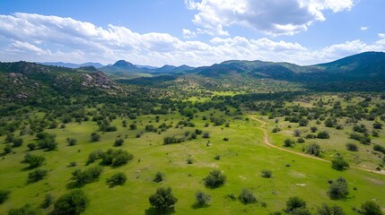 Fototapeta premium Aerial view of a vast, green valley nestled between rocky mountains under a partly cloudy sky, showcasing a winding dirt road traversing the landscape. : Generative AI
