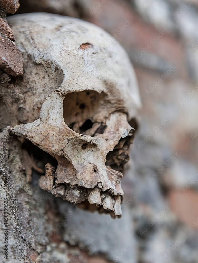 Aufkleber Close-up view of an aged human skull, partially embedded in a weathered brick wall, showing significant bone deterioration and texture. : Generative AI