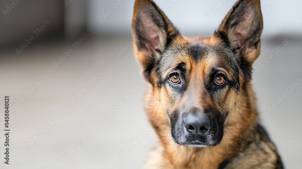 Poster close-up portrait of a german shepherd dog, its attentive gaze and rich fur highlighted against a bl