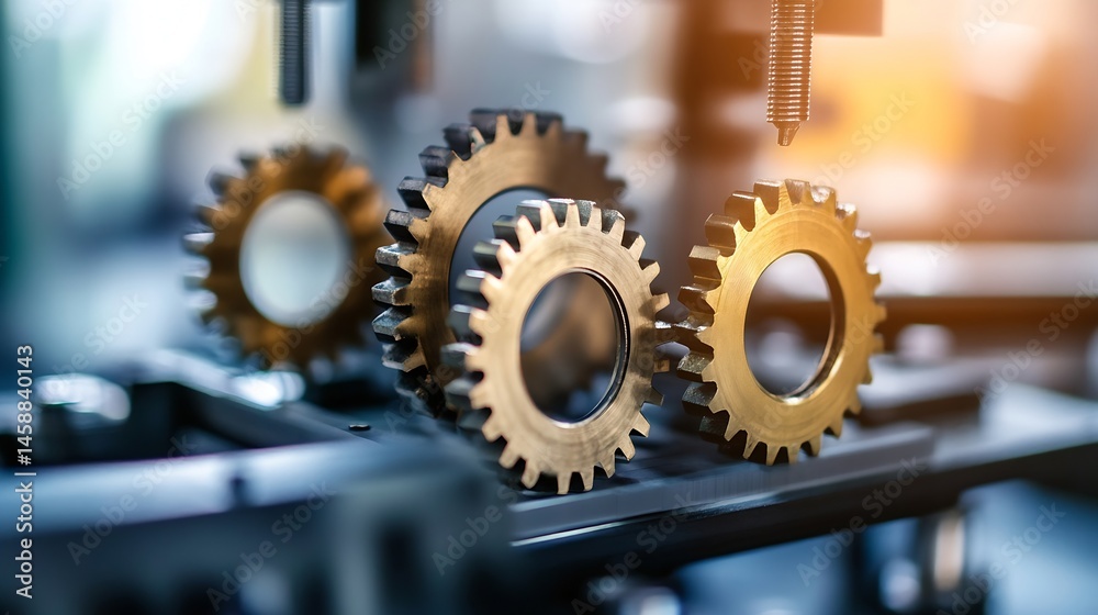 Poster Close-up view of three brass gears intermeshing, precision-engineered components, industrial machinery detail, showcasing intricate metalwork and mechanical functionality. : Generative AI