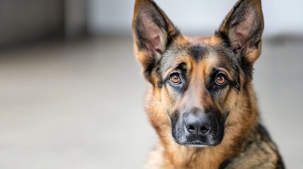 Close-up portrait of a German shepherd dog, its attentive gaze and rich fur highlighted against a blurred background. The dog's ears are erect, and its expression is both alert and cal : Generative AI