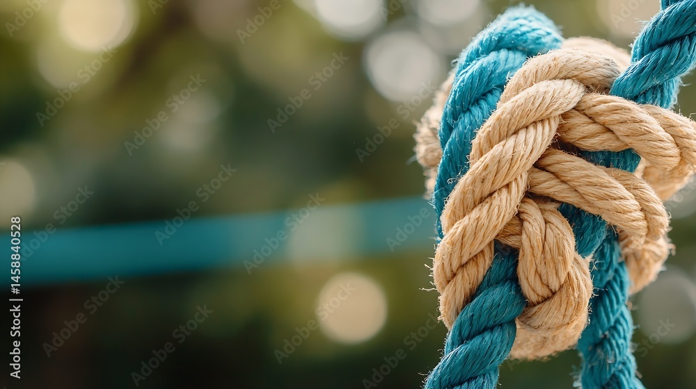 Fototapete close-up shot of a complex knot tied with beige and teal ropes, outdoors with a blurred green backgr