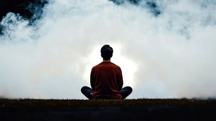 Meditating figure seated amidst a smoky, atmospheric scene.