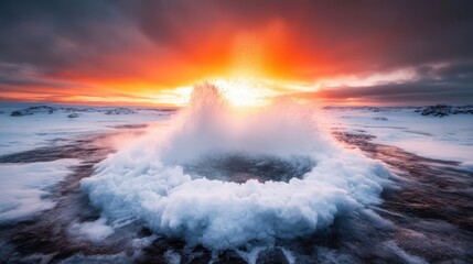A geyser erupts forcefully at sunset, creating a stunning visual display of steam and light, casting an enchanting glow on the icy surroundings and the vast landscape.