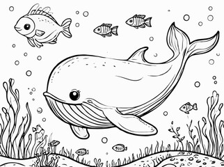 Fototapeta premium Underwater Scene with Whale and Fish in Black-and-White Style 