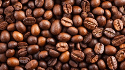 Fototapeta premium An enticing collection of roasted coffee beans filling the image, showcasing their rich hues, textures, and shapes, perfect for coffee aficionados and culinary enthusiasts.