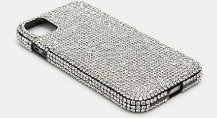 Close up of a black phone case covered in shiny rhinestones on a white surface with a slight angle