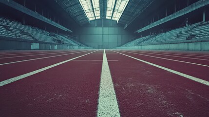 A completely deserted running track in a large stadium, with seats stretching endlessly in the background