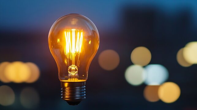 Glowing incandescent light bulb against a blurred city night bokeh background.  The warm yellow light contrasts beautifully with the cool dark blue tones. : Generative AI - Powered by Adobe