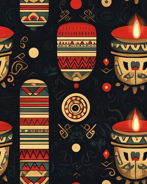 Colorful tribal patterns with candles and symbols.