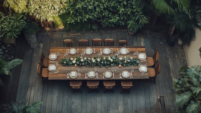 Rustic outdoor dining table with floral centerpiece