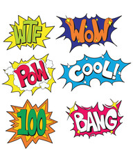 Comic book sound effects in bold colorful style, perfect for pop art, cartoons, and dynamic action scenes.