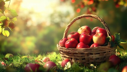 A basket full of apples is placed on the grass, surrounded by trees and green lawns. The red apples in it have various shapes and sizes.