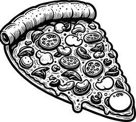 A black and white outline of a pizza slice featuring cheese and crust, drawn with bold lines. Perfect for coloring pages, illustrating delicious food, or other creative uses like doodle art designs