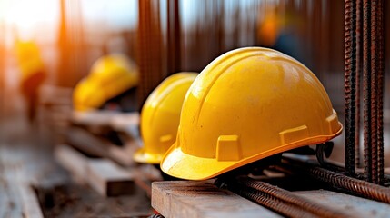 A line of yellow hard hats resting on a construction site background signifies safety and professionalism in industrial work environments, representing diligent labor and teamwork.