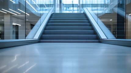 Obraz premium Modern escalator stairs in a glass-walled contemporary building, showcasing sleek metallic handrails and a polished floor. : Generative AI