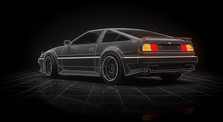 Obraz premium black and white minimalist sketch, paint a retro sports car with neon backlight contours in a cyberpunk futuristic setting, positioned at the top of the image with ample copy space at the bottom
