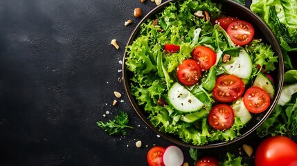 Fresh green salad with juicy tomatoes, crisp cucumbers, and crunchy nuts in a dark bowl, overhead shot. : Generative AI