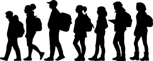 Walking People Silhouettes &ndash; Vector Illustration of Men and Women with Backpacks in Profile View, Isolated on White Background
