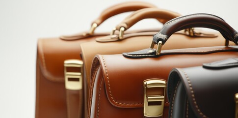 Several brown leather briefcases are displayed on a transparent background