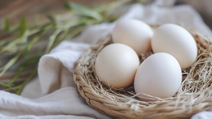 Four white eggs nestled in a woven straw bird's nest, resting on a soft white fabric with blurred green foliage in the background. : Generative AI
