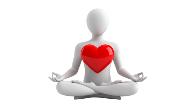 Floating heart above a calm figure in a meditative pose, representing peace and self-love, isolated on white Bg Png format