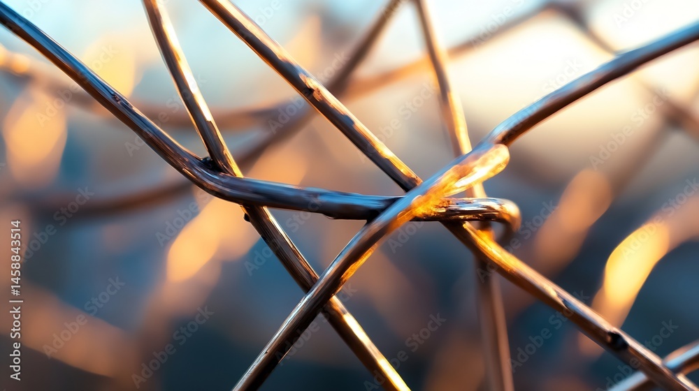 Poster Close-up view of a chain link fence at sunset, showcasing the intricate metalwork and warm golden light reflecting on the wires. : Generative AI