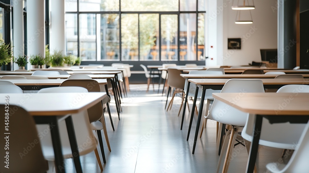 Poster Modern office cafeteria with rows of empty light wood tables and white chairs, large window providing natural light, minimalist design. : Generative AI