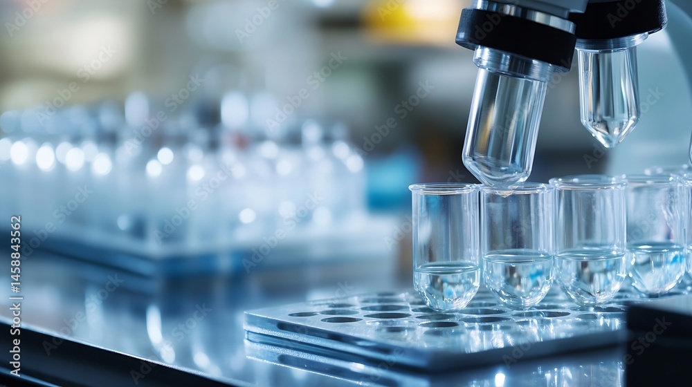 Fototapete close-up view of a laboratory robotic arm dispensing liquid into small glass test tubes, set on a me
