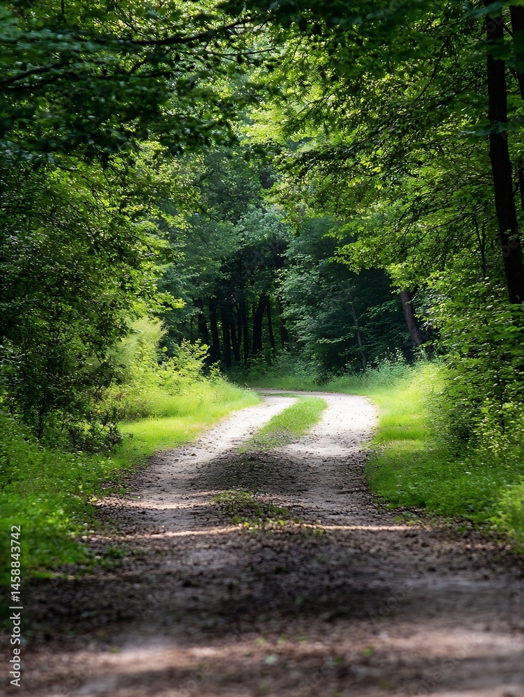 Leinwandbilder sunlit path winding through a lush green forest, dappled sunlight filtering through leaves, creating