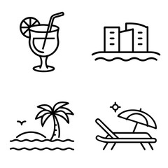 Beach holiday icon set in black and white line style - hotel, cocktail, palm tree on the beach, and lounger by the sea, perfect for logos, infographics, ui and summer vacation design.