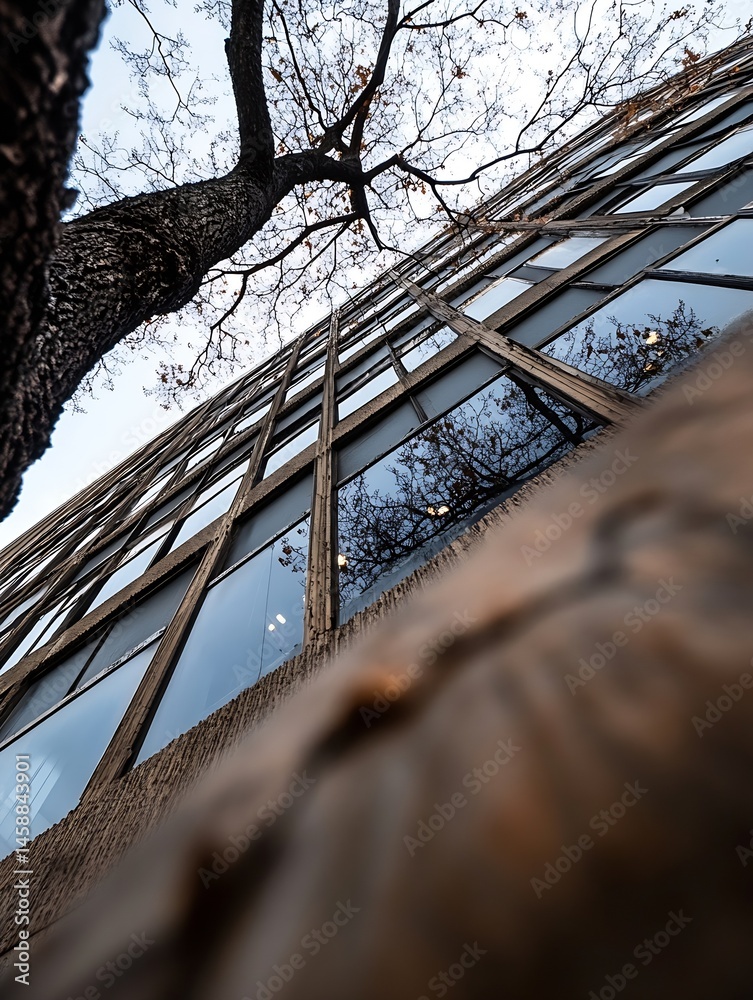 Leinwandbilder low angle view of a tree branches against a modern building with many windows reflecting the sky and